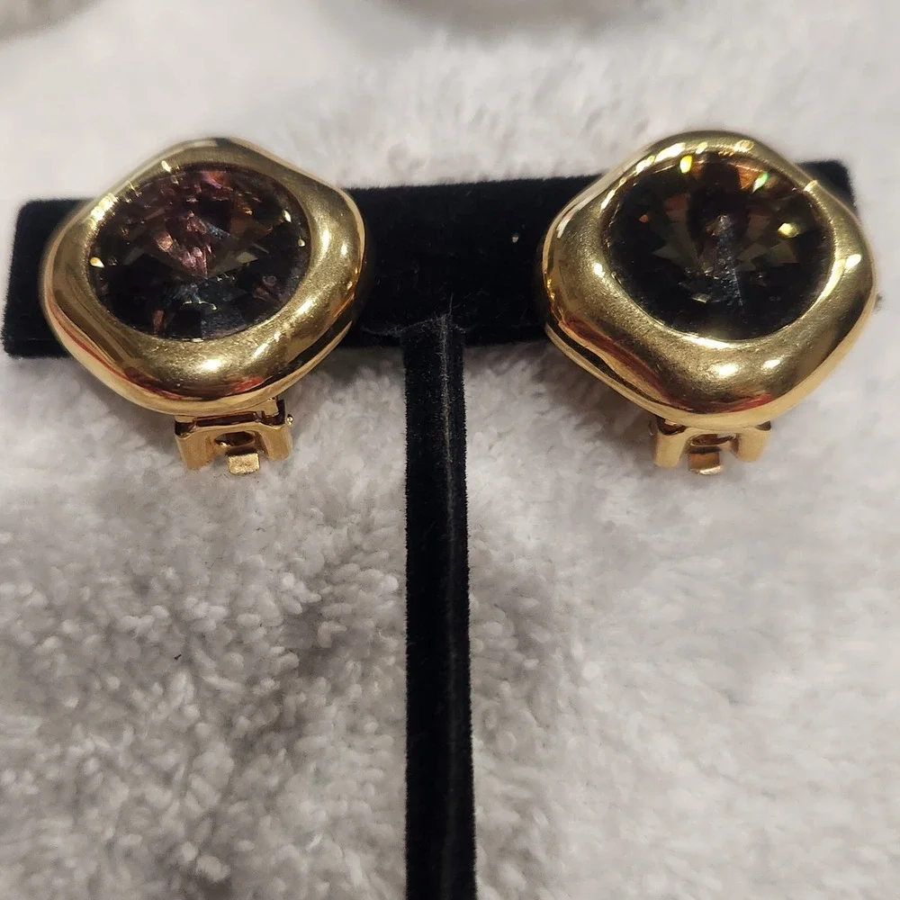 Vintage Georgiou Gold‎ Tone Smoky Brown Crystal Clip On Earrings Chunky Square